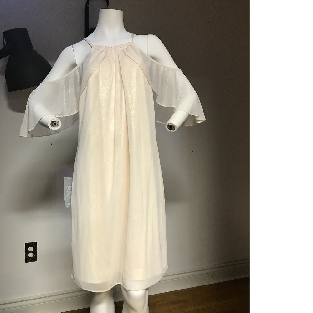 NWT Le Chateau PLUS SIZE Sheer Sparkly Chiffon Cold Shoulder Cut Out Ivory dress
